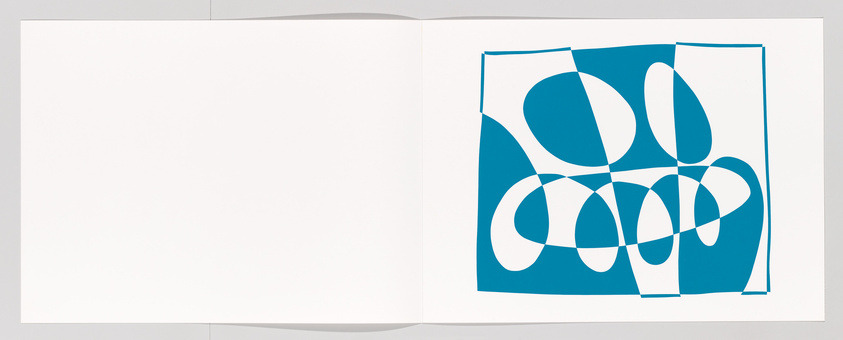 A wide open book with blank left pages and a graphic design on the right pages, featuring abstract blue shapes and white lines creating a continuous looping pattern.