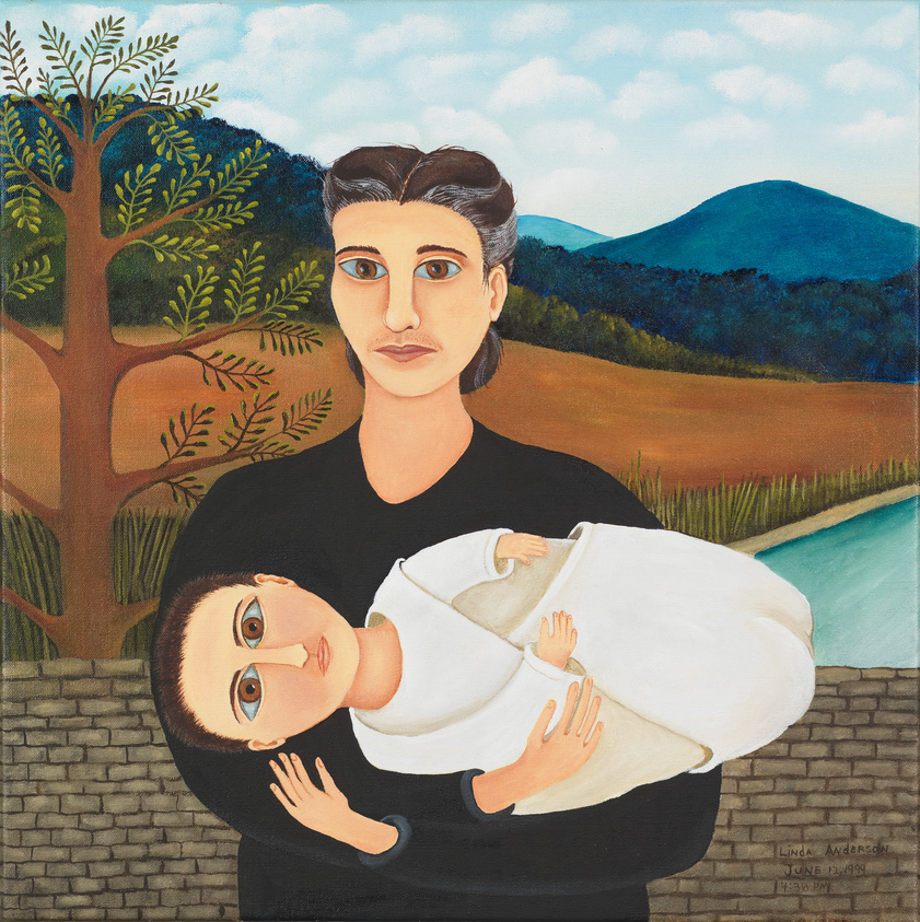 A painting depicting a person with dark hair and a black shirt holding a swaddled infant. The background features a stylized landscape with a tree, rolling hills, and a river. The artwork has a folk art aesthetic, with bold outlines and flat areas of color. The artist's signature and date are visible in the lower right corner.