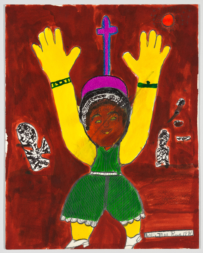 A colorful drawing of a person with raised hands, wearing a green outfit and a purple hat with a cross, set against a red background.