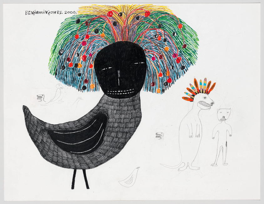 A colorful drawing featuring a large, stylized figure with a black face and a vibrant, multicolored headdress made of lines and dots. The figure has a curved, black body standing on two stick-like legs. To the right, there are three smaller figures: a creature with a headdress and an open mouth showing teeth, a cat-like figure, and a simple human form. In the background, there's a faint sketch of a bird and a snake facing a cup. The artist's name and the year 2000 are inscribed at the top left.