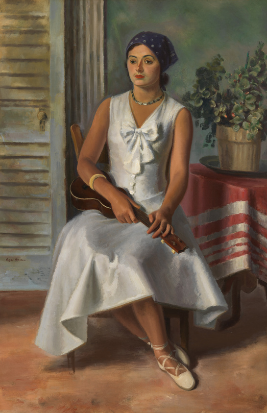 A painting of a woman seated on a wooden chair, holding a stringed instrument, possibly a mandolin, on her lap. She wears a white sleeveless dress with a large bow at the waist and a blue headscarf dotted with white spots. Her expression is pensive as she gazes off to the side. Behind her, a shuttered window and a potted plant on a table covered with a red and white striped cloth are visible. The artist's signature is in the lower left corner.