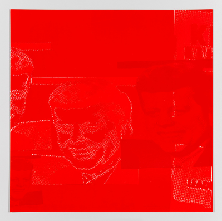 A monochromatic red artwork featuring overlapping silhouettes of a person's face in various scales and orientations, creating an abstract collage effect.
