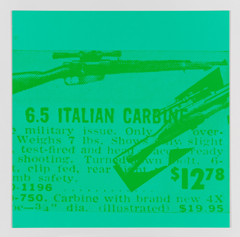 A graphic image with a bright green and turquoise color scheme featuring a halftone print of a rifle and text describing a "6.5 Italian Carbine" with specifications and pricing information. The text and image have a vintage advertisement style, and there is a large price tag of "$1278" prominently displayed.