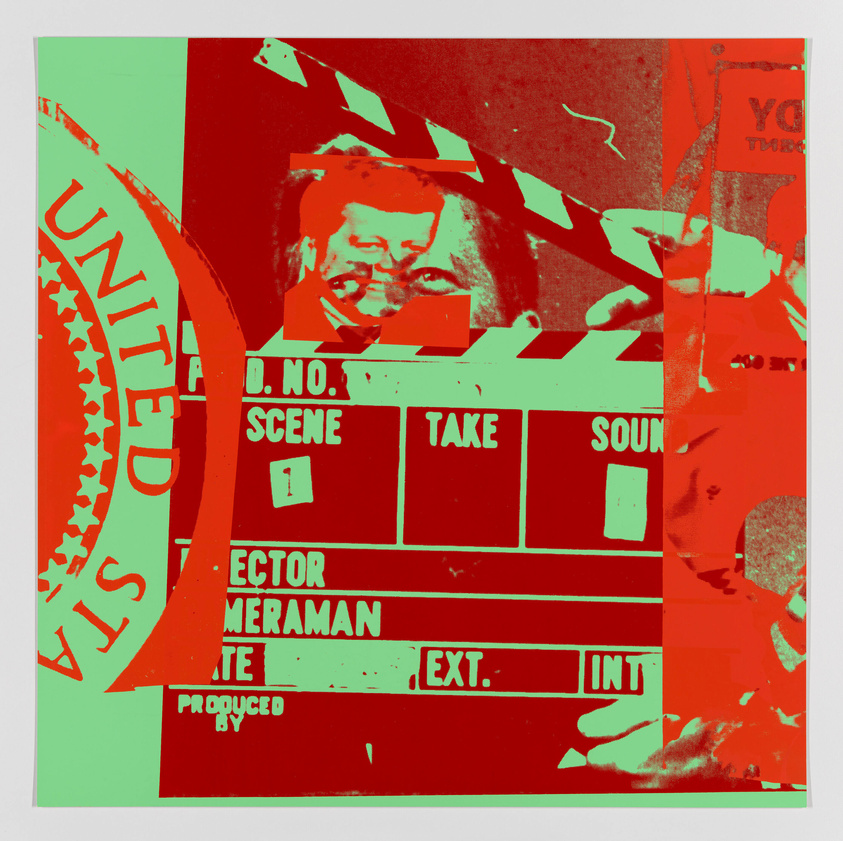 A highly stylized and color-altered image featuring a clapperboard with sections labeled for production details, partially obscured by a distorted and fragmented image of a person's face. The background includes elements of text and graphics suggesting a theme related to the United States, with a prominent green and red color scheme.