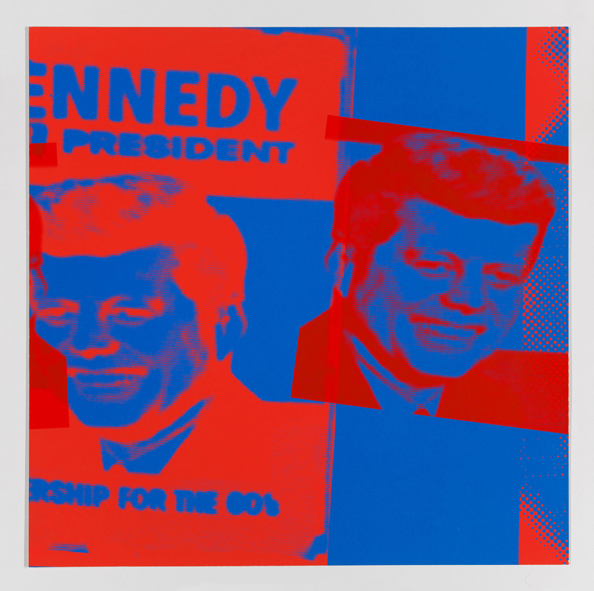 A pop art style graphic with a red and blue color scheme featuring a portrait of a man with text that reads "KENNEDY FOR PRESIDENT" and "LEADERSHIP FOR THE 60S". The image has a halftone dot pattern, reminiscent of mid-20th-century screen printing techniques.