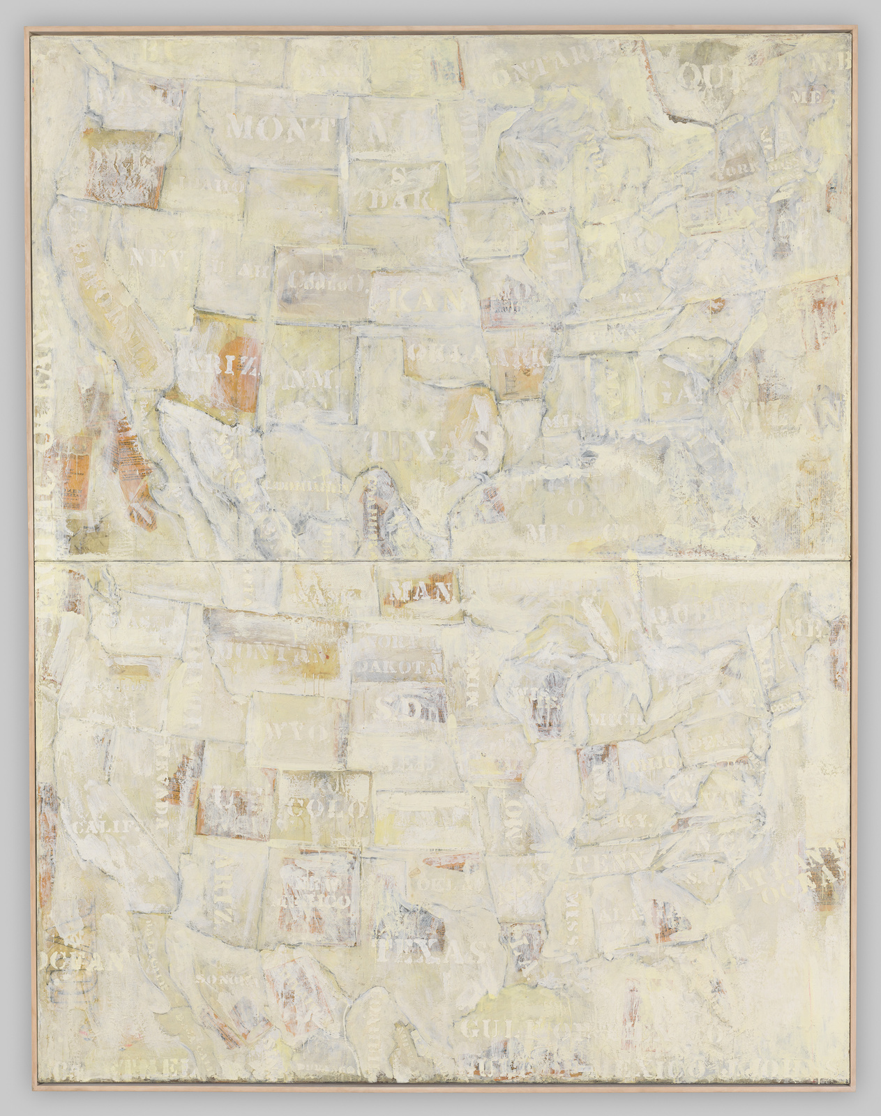 A textured painting depicting a stylized map of the United States with state names and abbreviations overlaid in various fonts and orientations, rendered in a muted palette of whites, yellows, and light browns.