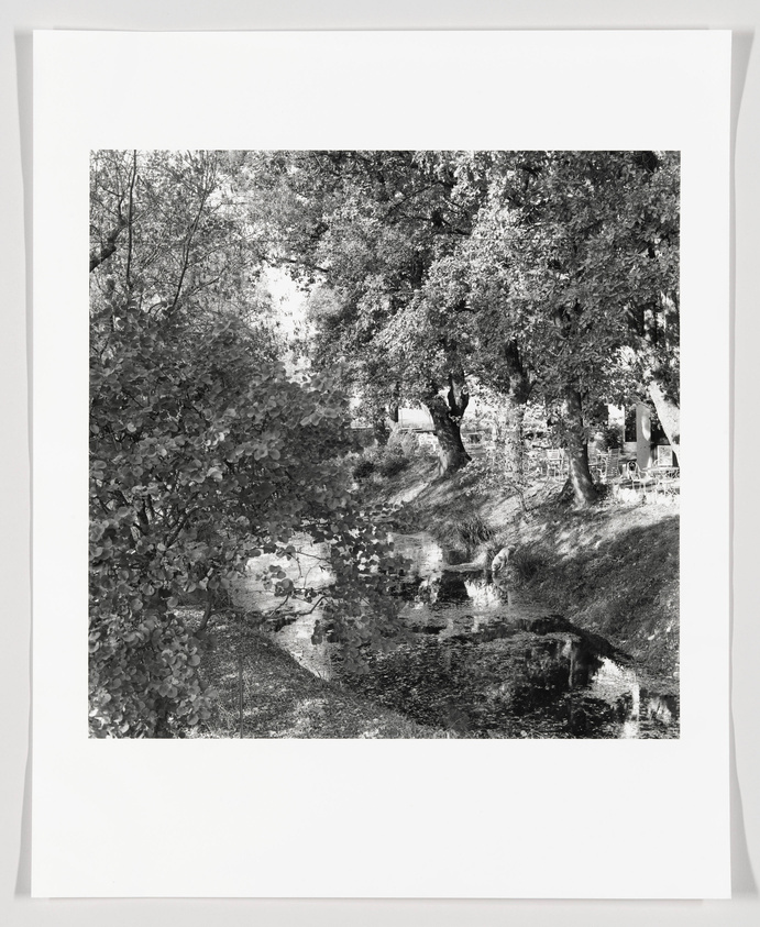 Black and white photograph depicting a serene park scene with dense trees and foliage reflected in a calm body of water, mounted on a white background.
