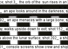 A close-up of a document with a list of scene descriptions from a film script or storyboard, detailing various shots involving the sun, an ape, and space-related imagery.