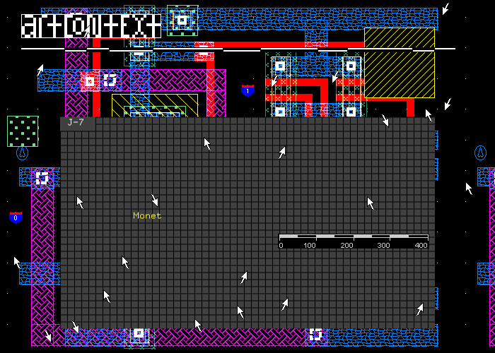Grid-based map with colorful patterns, arrows, and a scale at the bottom. The word "Monet" is visible in yellow text.