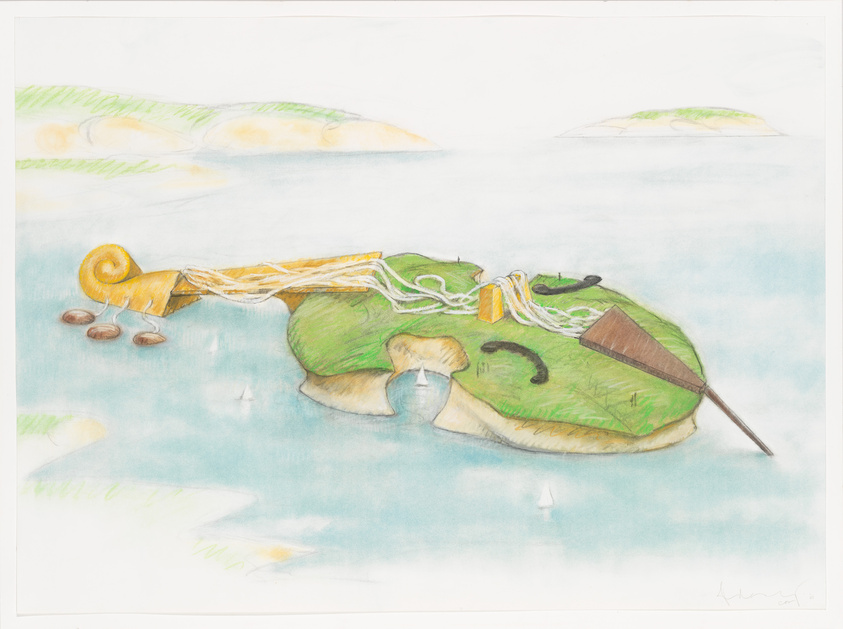 A whimsical drawing of a violin transformed into an island, with its body serving as the landmass and its neck extending into a pier. The f-holes are represented as lakes, and strings are depicted as ropes or cables strewn across the surface. The background features a serene seascape with hints of other islands and sailboats in the distance.