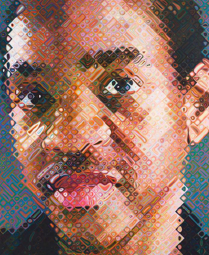 A close-up of a person’s face created with colorful, geometric patterns and overlapping shapes.