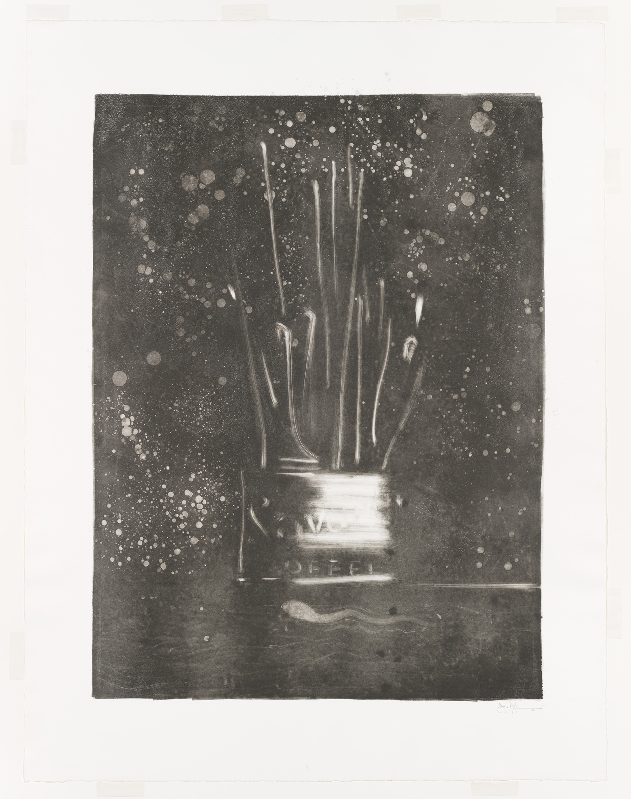A monochromatic artwork depicting a collection of paintbrushes in a holder, with a speckled and mottled background suggesting a sense of age or antiquity. The image has a dark, moody atmosphere, and the brushes appear to be well-used, with various bristle lengths and textures. The holder is etched with discernible text, and the overall composition has a rustic and artistic feel.