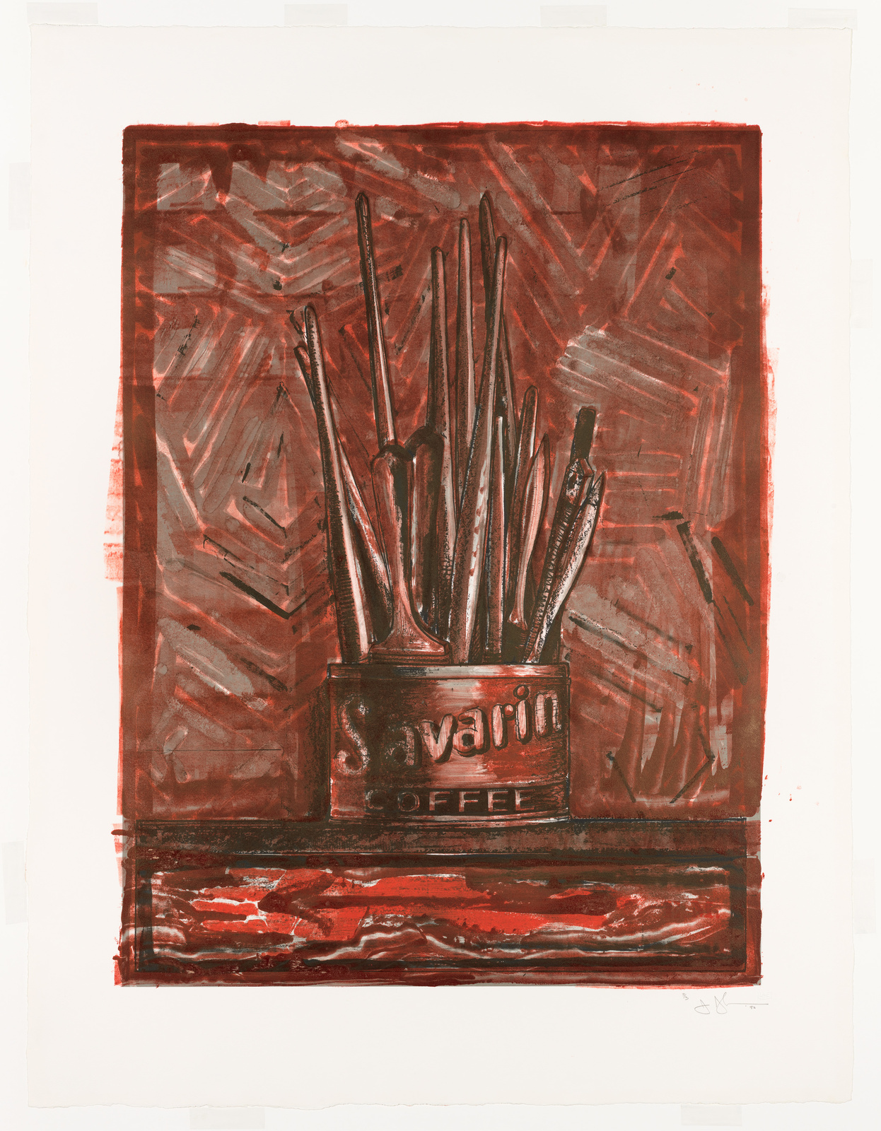 A monochromatic artwork depicting a collection of paintbrushes in a coffee can, set against a textured background with expressive brush strokes, primarily in shades of red and brown.