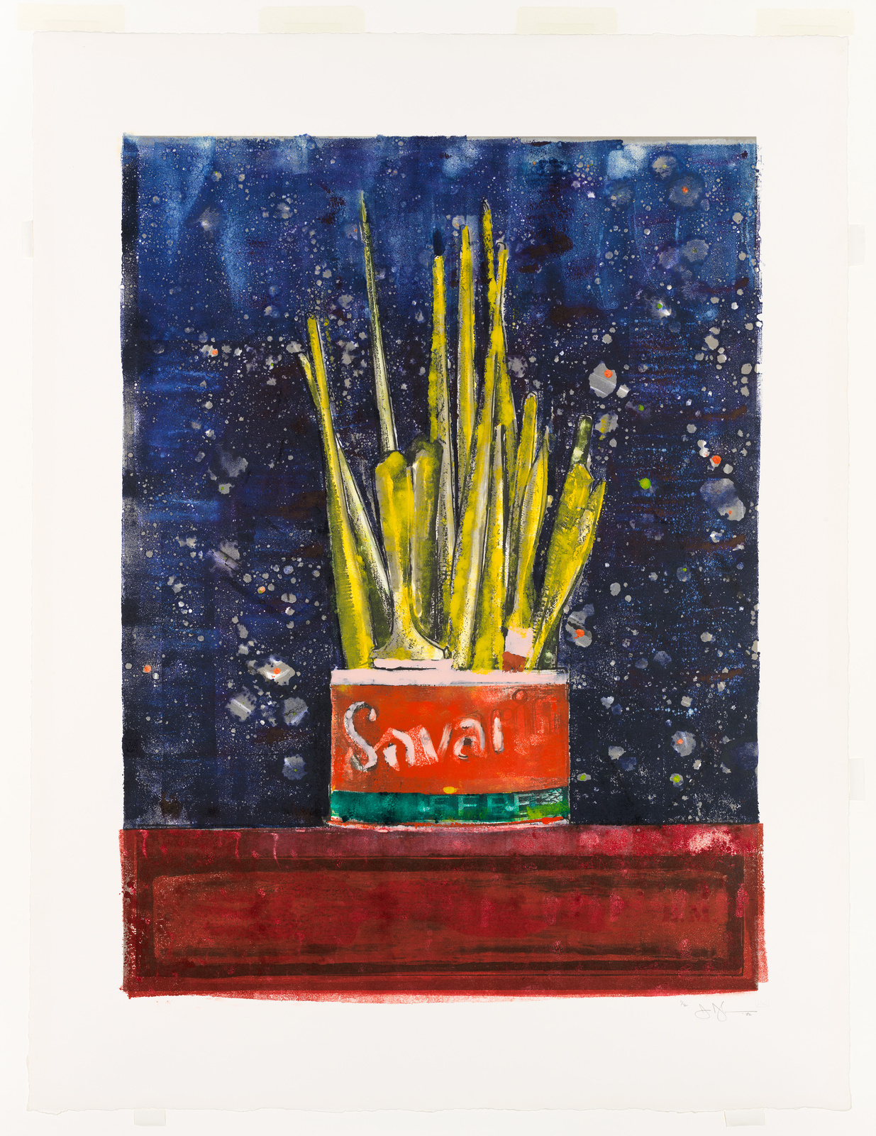 A vibrant watercolor painting depicting a bunch of bright yellow-green asparagus upright in a red can labeled "Saval" against a deep blue, speckled background, with a bold red horizontal stripe along the bottom edge. The artwork has a raw, expressive quality with visible paint splatters and drips, suggesting a lively, dynamic scene.