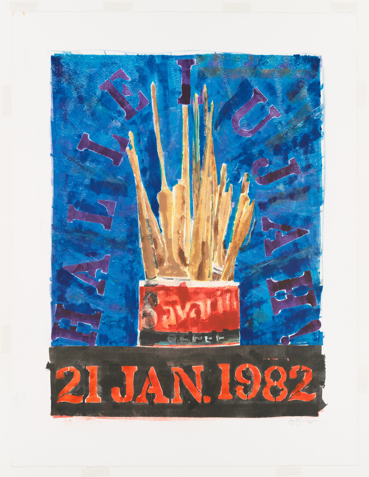 A vibrant watercolor painting featuring a can of paintbrushes against a deep blue background with the word "HALLELUJAH" in purple letters. Below the can, the date "21 JAN. 1982" is painted in bold red letters on a black background.