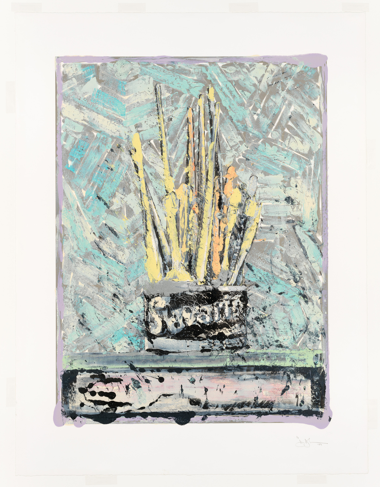 Abstract artwork featuring textured strokes in a palette of blues, grays, and yellows, with a central motif resembling a bouquet of elongated forms rising from a base with the word "Savon" inscribed. The piece is bordered by a purple edge and is signed by the artist in the lower right corner.