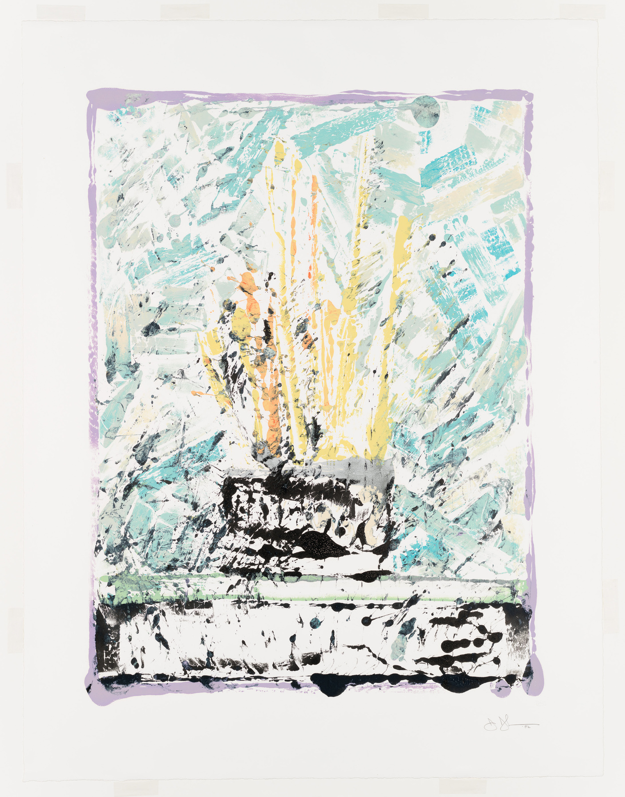 A vibrant abstract painting with a dynamic composition of textured brushstrokes in white, black, blue, yellow, and orange hues, framed by a purple border. The artwork features a central burst of light-colored vertical lines suggesting movement or growth, set against a backdrop of chaotic yet harmonious color splashes, all on a white background.