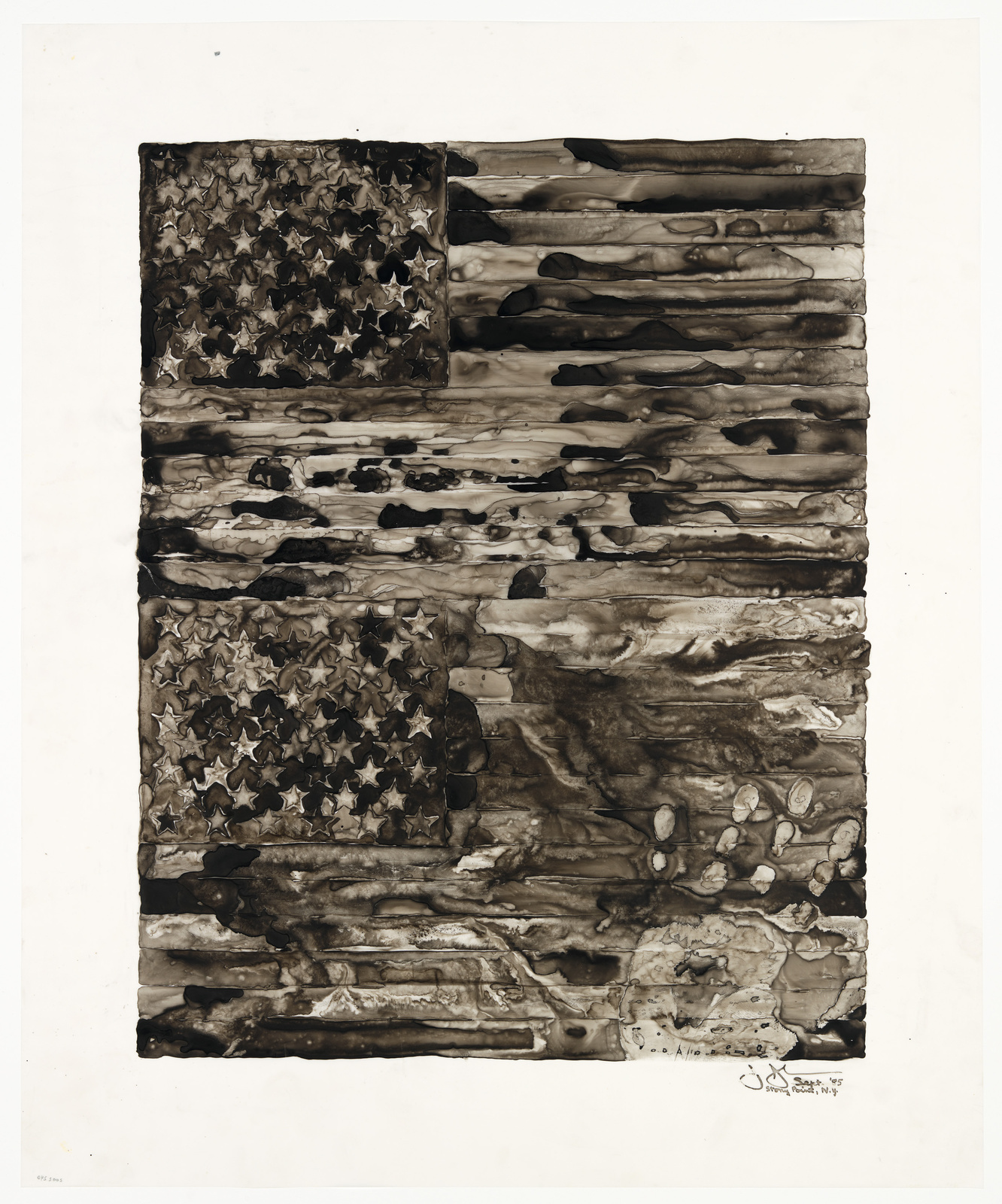 An artwork depicting a textured and monochromatic representation of the American flag, with a field of stars in the upper left and horizontal stripes filling the rest of the space. The piece has a distressed and weathered appearance, with variations in shading that give it a tactile quality. The artist's signature and date are visible at the bottom right.