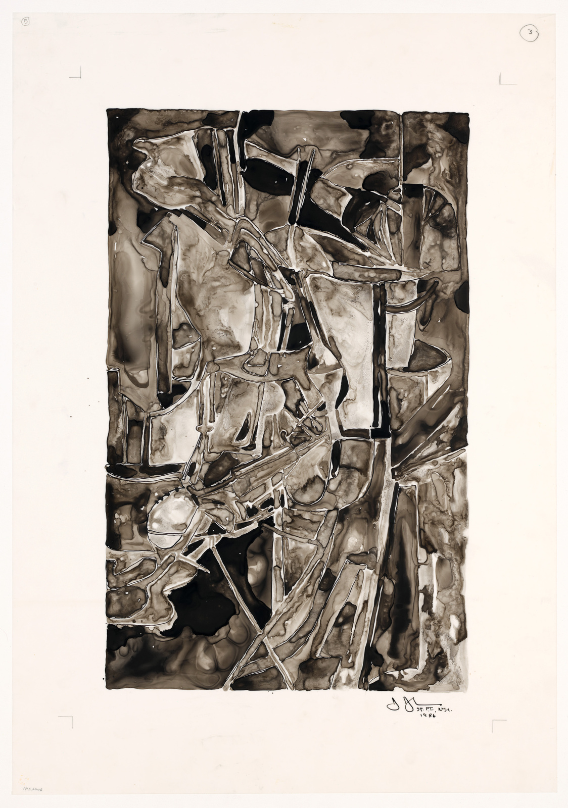 An abstract painting featuring a complex array of interlocking shapes and lines in shades of black, white, and brown. The composition is reminiscent of a fragmented, non-representational subject, possibly evoking mechanical or organic forms. The artwork is signed and dated at the bottom right corner, and it is presented on a vertical sheet of paper with registration marks at the corners.