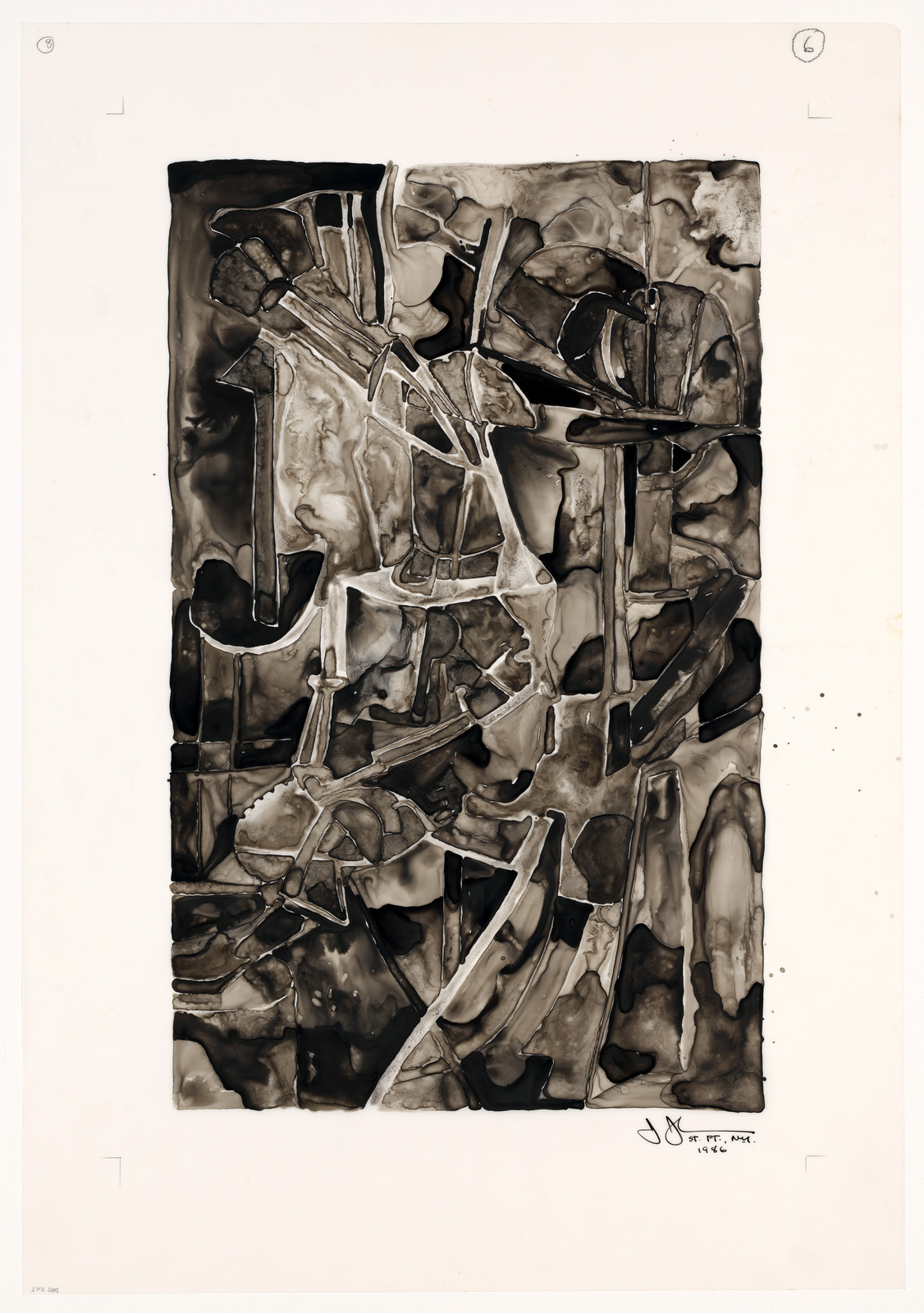 An abstract monochromatic artwork featuring various shades of black and gray, with fluid and organic shapes intermingling with geometric lines and forms. The piece is signed and dated at the bottom right. The background is a stark white, providing contrast to the dark tones of the artwork.