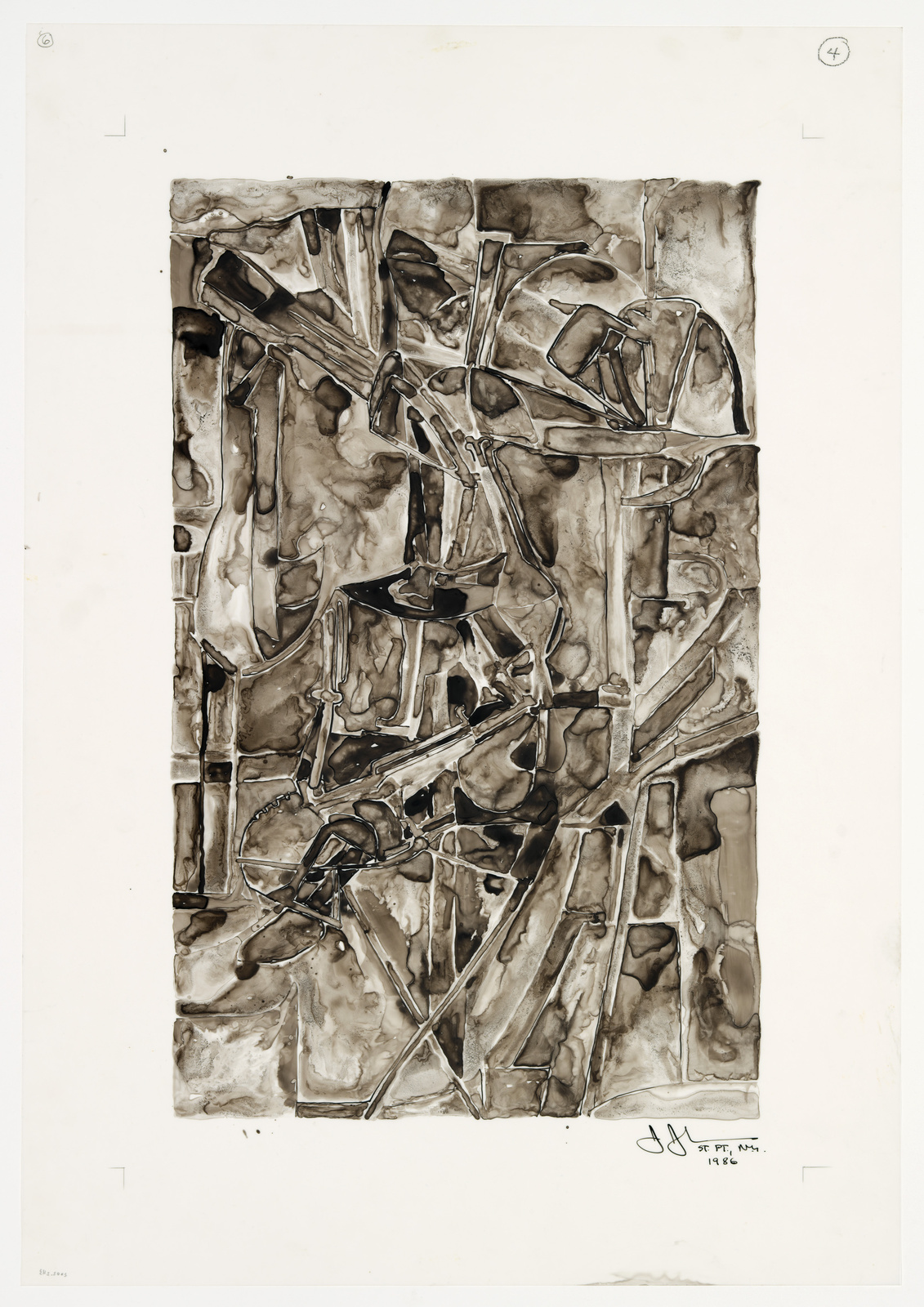 An abstract monochromatic artwork featuring various interlocking shapes and lines in shades of black, white, and gray, resembling a metallic or industrial form. The piece is signed and dated in the bottom right corner. The paper shows signs of aging around the edges.