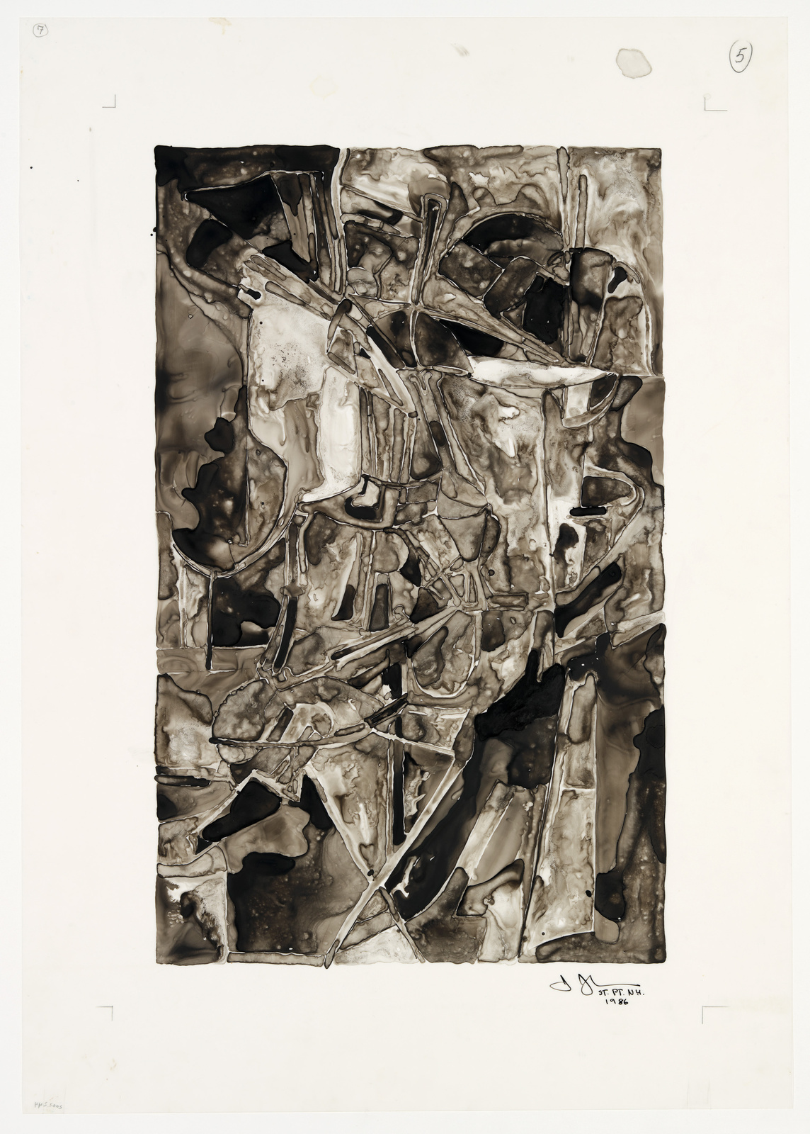 An abstract monochromatic artwork featuring various shades of black and brown, with organic and geometric shapes intermingling to create a textured visual effect. The piece is signed and dated at the bottom right corner.