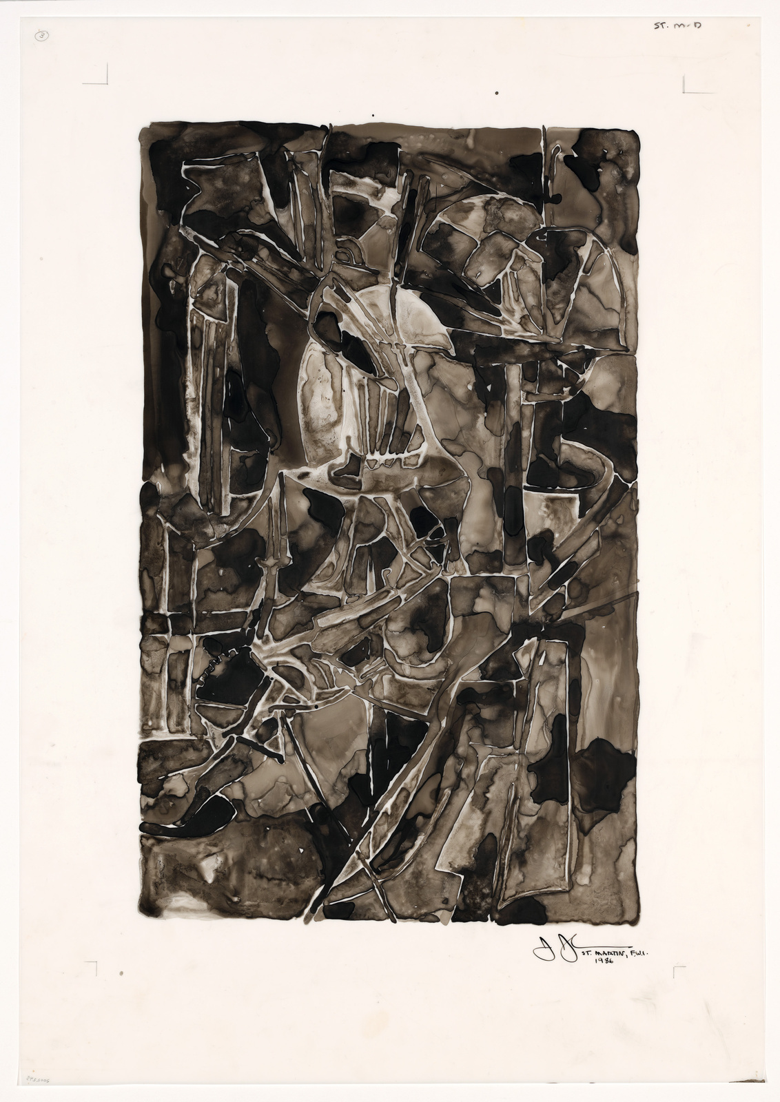 An abstract monochromatic artwork featuring various shades of brown and black, with dynamic, interlocking shapes and forms that create a sense of depth and movement. The piece is signed and dated in the lower right corner.