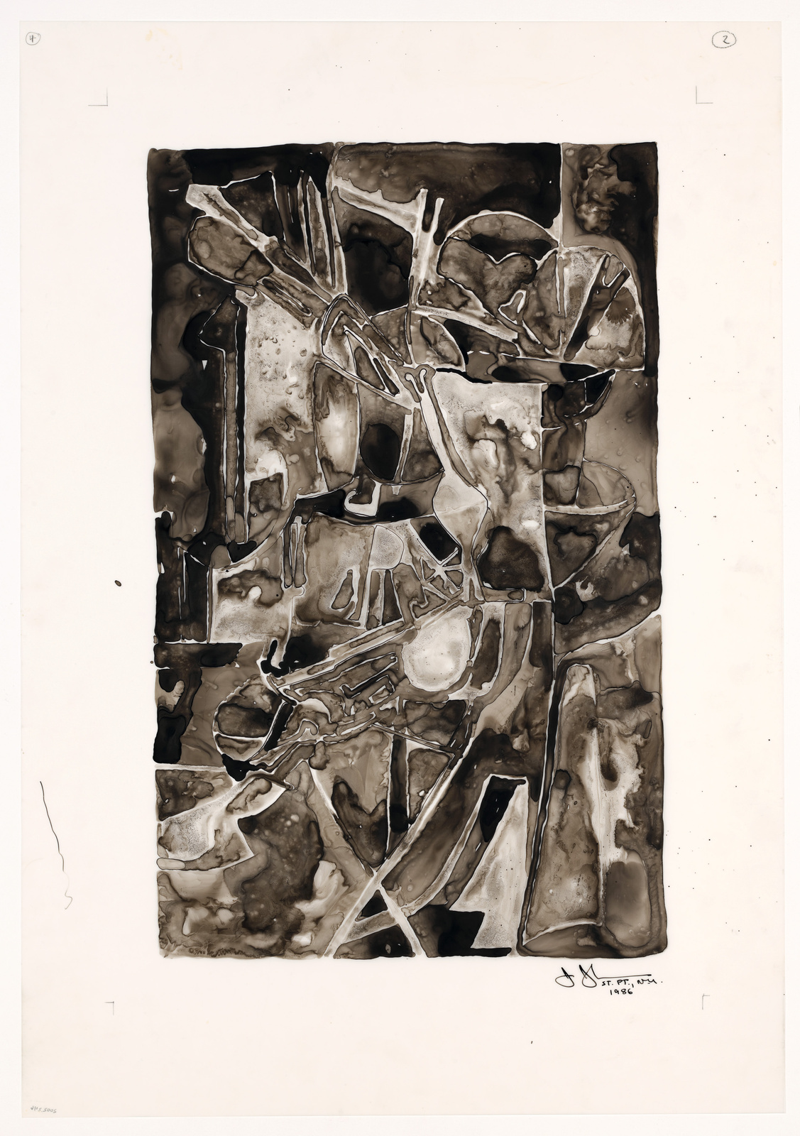 This is an abstract monochromatic artwork featuring various shades of brown and black, with organic and geometric shapes intermingling. The composition is dense with forms that resemble natural textures and contours, possibly suggesting a landscape or a close-up of natural elements. The image is bordered by a white margin, and there is a signature at the bottom right corner.