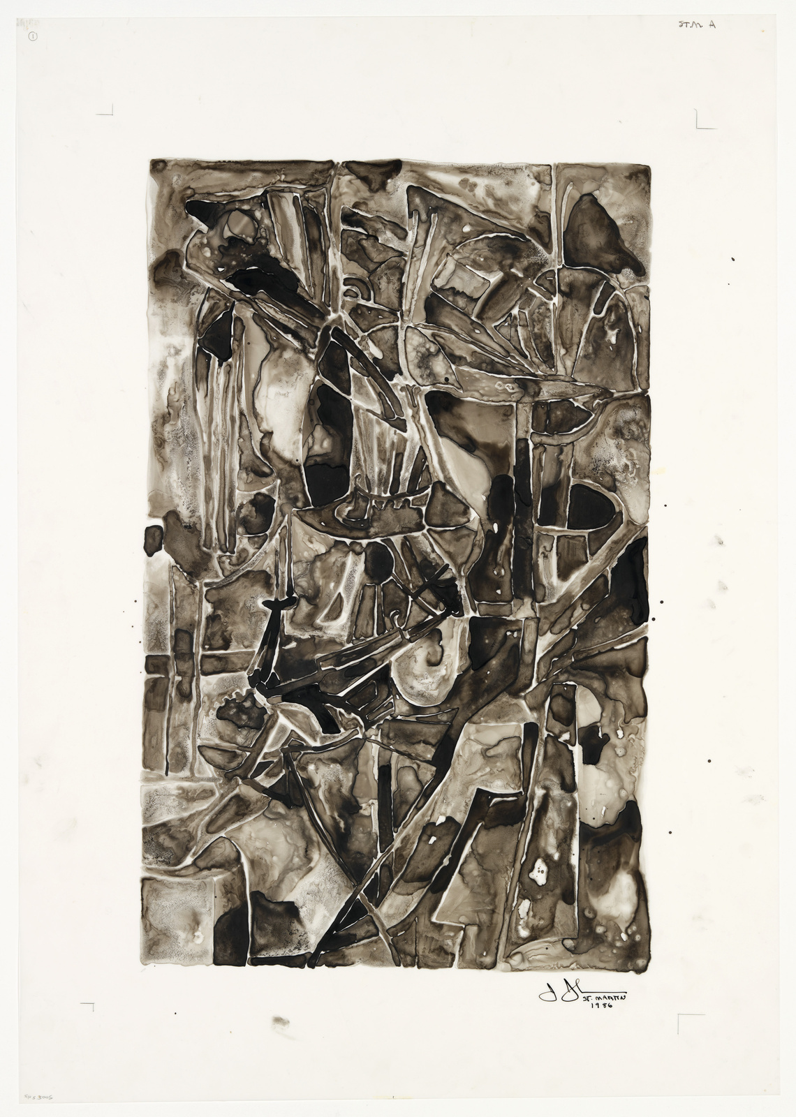 An abstract painting featuring a complex array of interlocking shapes and lines in various shades of brown and black, with a textured appearance that suggests depth and movement. The artwork is signed and dated at the bottom right corner.