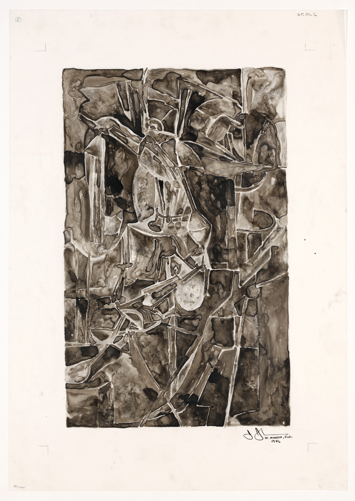 An abstract monochromatic artwork featuring a complex array of interlocking shapes and forms that resemble shards or fragments, rendered in various shades of brown and black. The composition is dense and layered, with a dynamic sense of movement. The image includes a signature at the bottom right corner and some text at the bottom left, indicating the artist's name and possibly the title or date of the work. The paper on which the artwork is created shows signs of aging or intentional distress, contributing to the overall textured appearance.