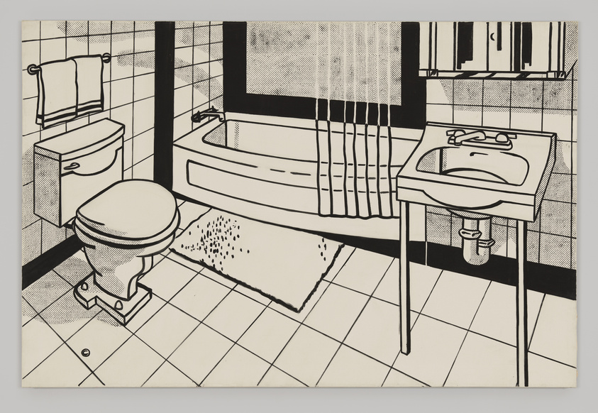 Black and white drawing of a bathroom with a toilet, sink, bathtub, and towel rack.