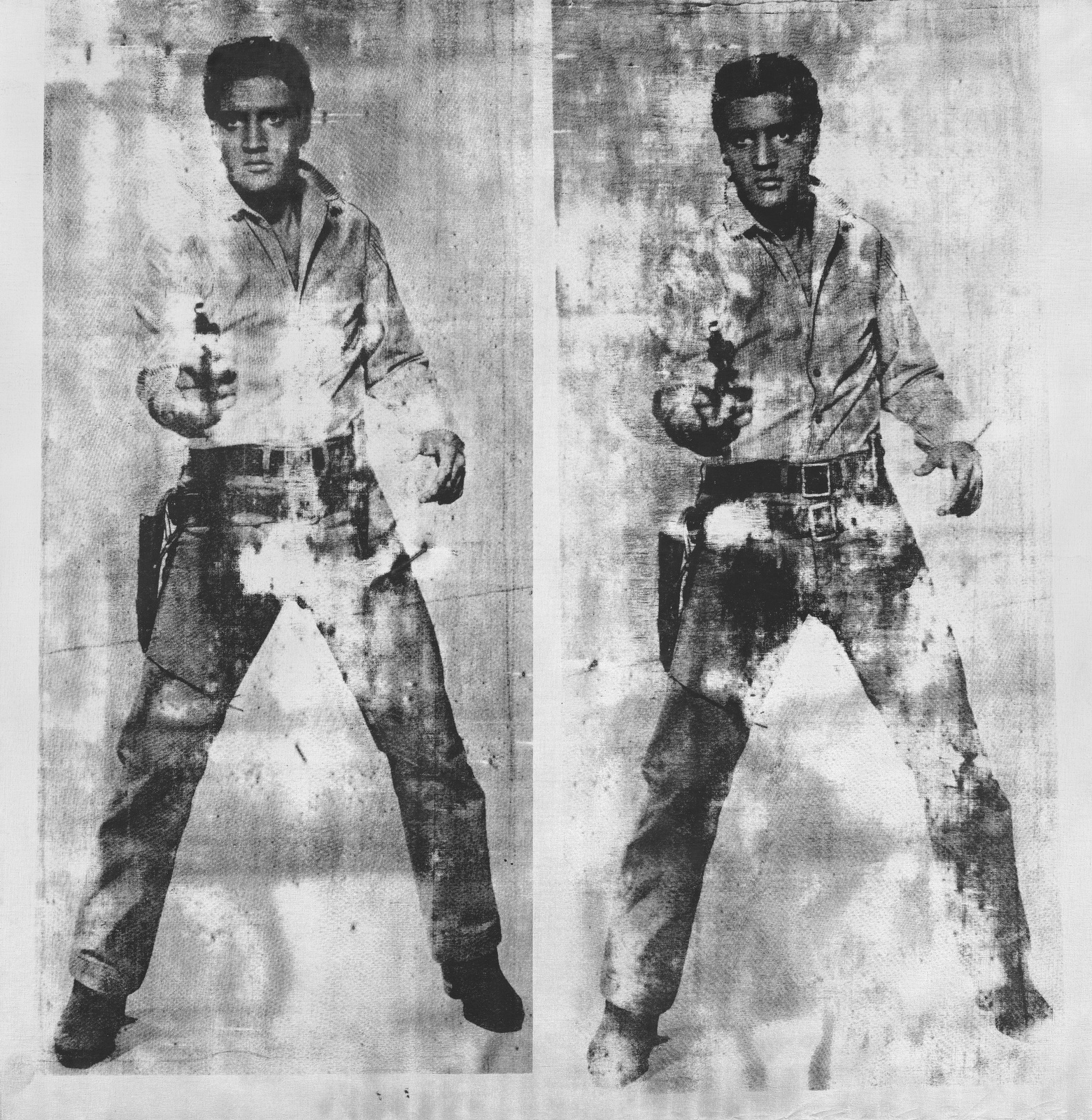 Black and white photo of a man in a dynamic pose, duplicated side by side, with a distressed, vintage texture.