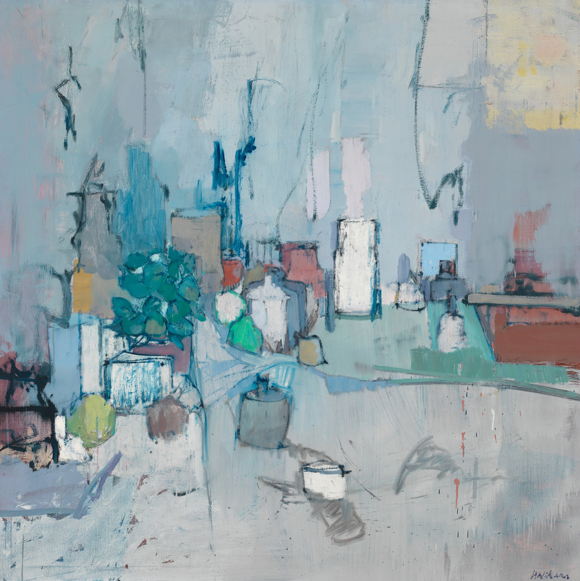 Abstract painting with textured brushstrokes in a cool color palette, featuring a composition that suggests a cluttered tabletop with indistinct objects and a plant, signed by the artist at the bottom right.