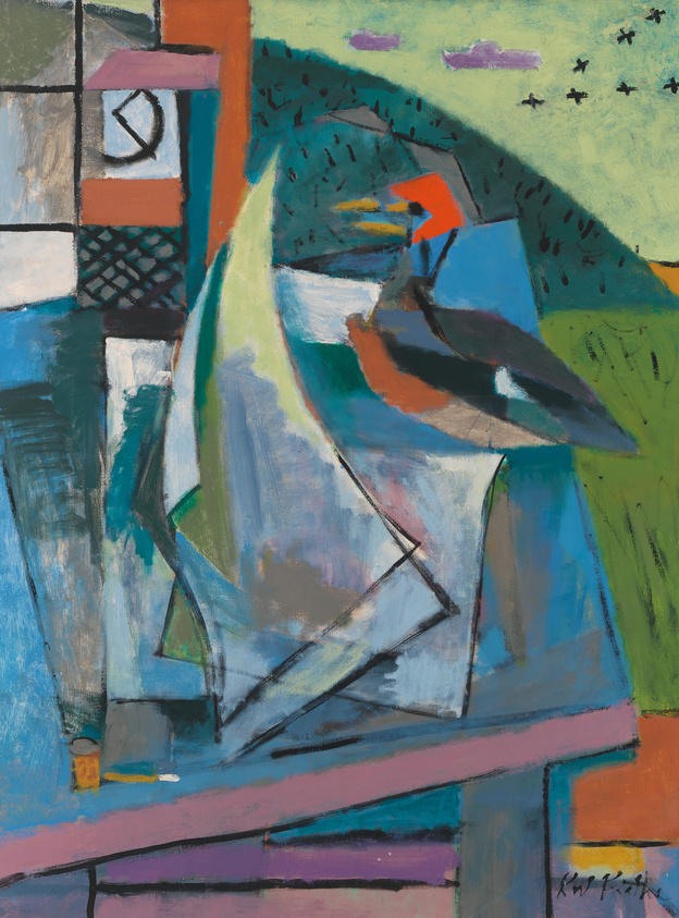 Abstract painting featuring geometric shapes and vibrant colors with a clock in the upper left corner, a bird-like figure in the center, and a green landscape with black birds in the background. The artwork is signed at the bottom right.