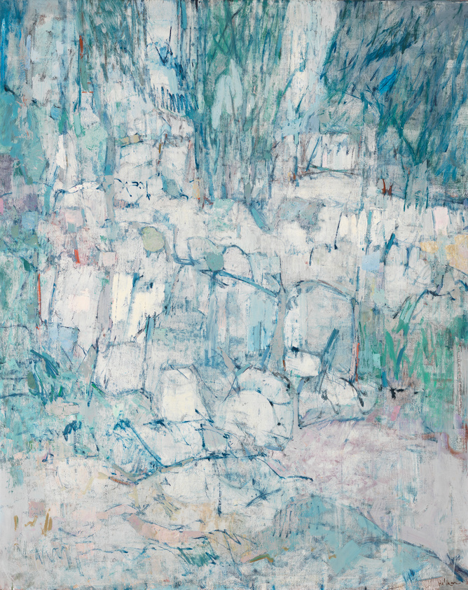 An abstract expressionist painting featuring a blend of cool tones such as blues, whites, and greens with sporadic hints of warmer colors. The composition is dynamic with visible brushstrokes and texture, creating a sense of movement and depth.