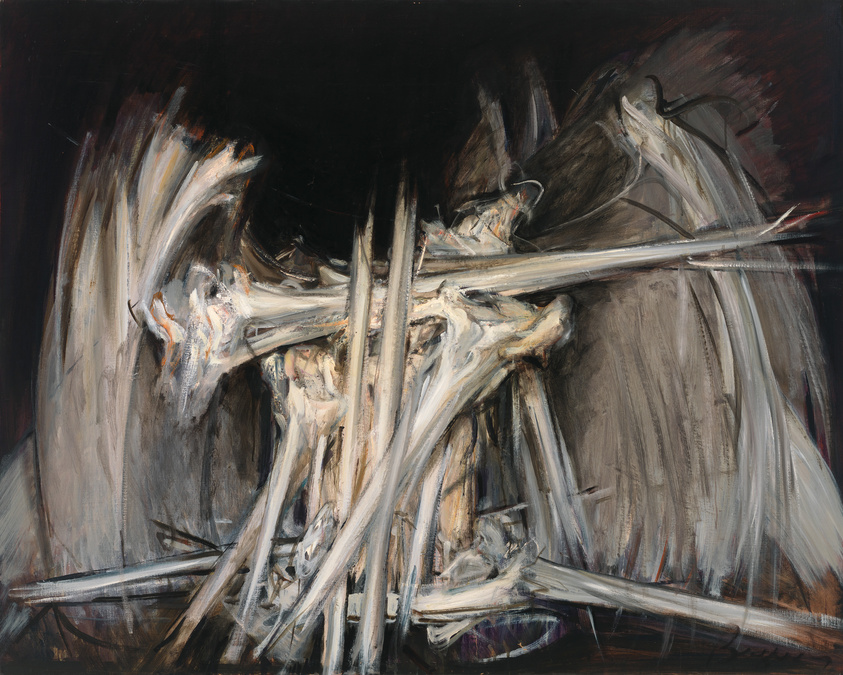 An abstract expressionist painting featuring a dynamic composition of white and gray brushstrokes against a dark background, creating a sense of chaotic movement or disintegration.