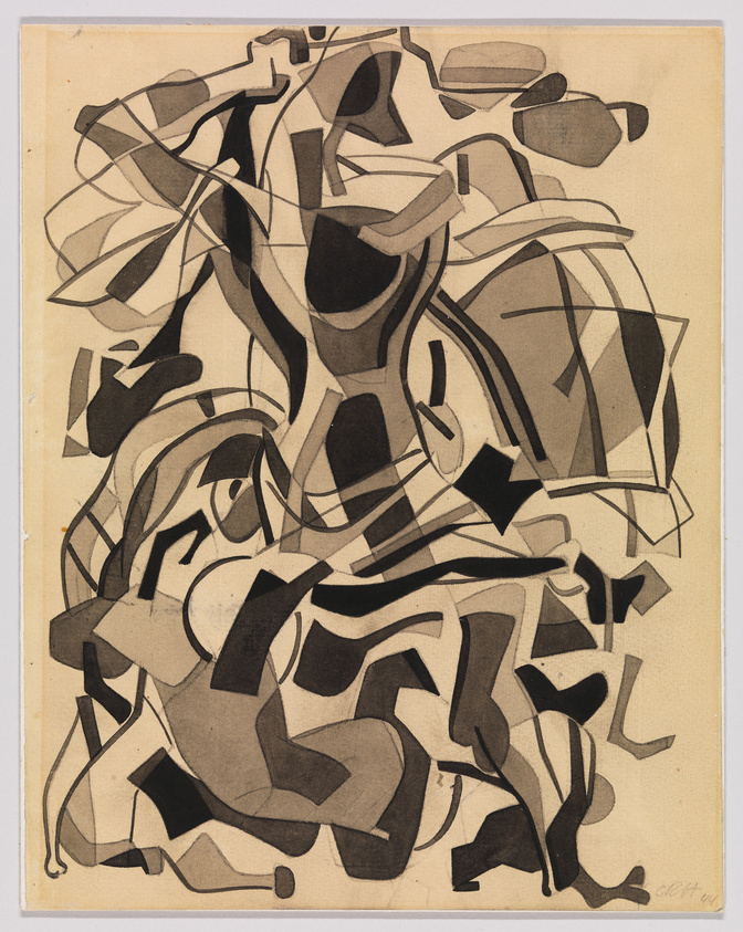 An abstract drawing featuring a complex arrangement of interwoven shapes and lines in various shades of black, gray, and beige on a light tan background. The shapes are reminiscent of organic forms and cubist elements, creating a dynamic and fluid composition. The artwork is signed by the artist in the lower right corner.
