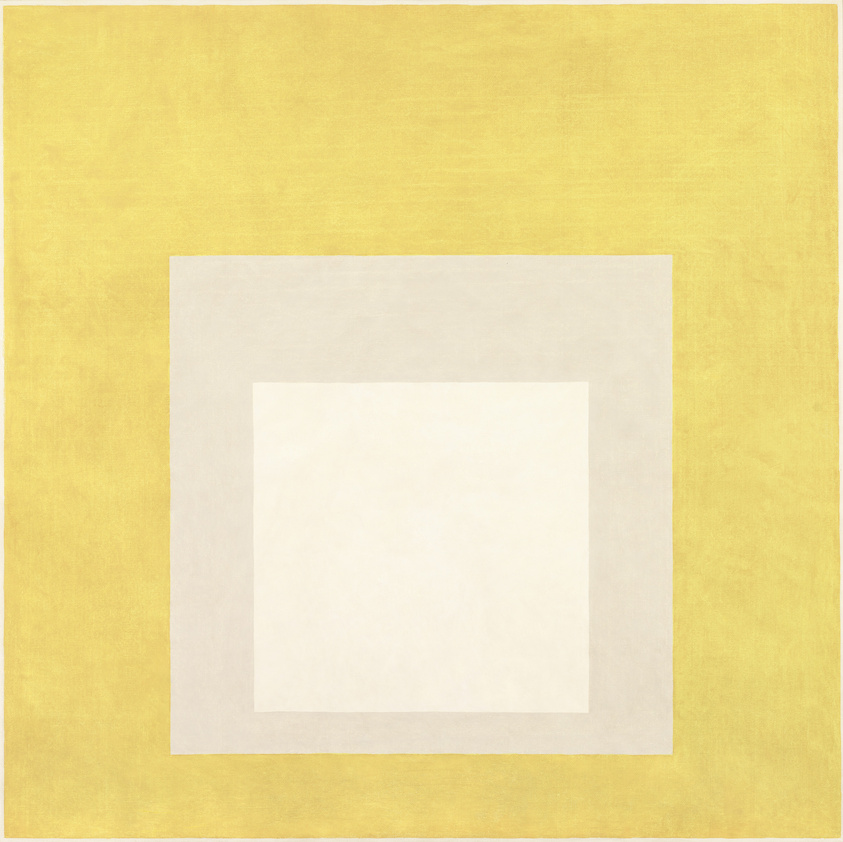 Abstract art with a yellow background and a centered white square within a beige square.