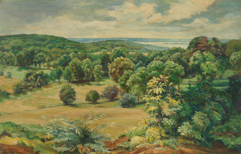 A vibrant landscape painting depicting a lush, rolling countryside with a variety of trees in different shades of green. The foreground shows detailed foliage with hints of yellow and brown, while the middle ground reveals open fields and clusters of trees. In the background, a line of hills meets a cloudy sky with patches of blue peeking through. The brushwork is loose and expressive, suggesting a sense of movement in the leaves and clouds.