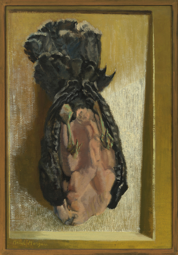 Oil painting depicting a wilted sunflower with drooping petals and a dark center, set against a textured gold and cream background, framed in a simple wooden frame with the artist's signature at the bottom.