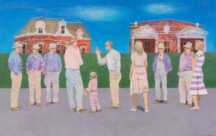 Illustration of a group of people standing on a road with two farmhouses in the background, one red and one brick-colored. The group consists of men and women in casual clothing, with a child holding a woman's hand. The sky is blue, and there's green grass on either side of the road. The style appears hand-drawn with a textured finish.