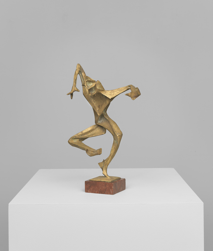 Bronze sculpture of an abstract, dynamic human figure on a pedestal, set against a neutral background.