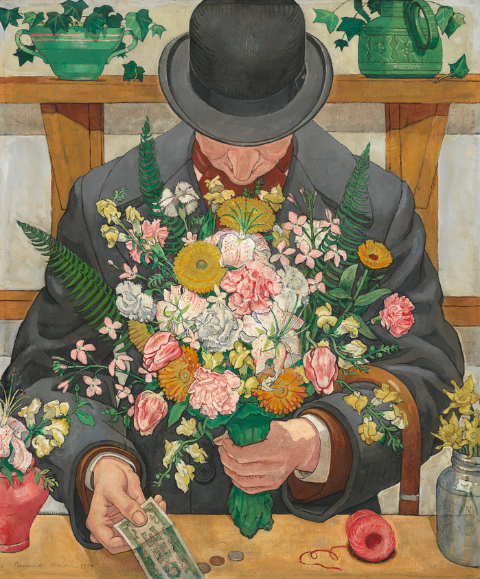 A painting depicting a man in a suit and bowler hat, his face obscured by a large, colorful bouquet of flowers he is holding. In the background, there is a green potted plant on the left and a green vase on the right, both on a wooden shelf. In front of the man, there is a table with a red pincushion and loose coins, and he is also holding a few banknotes in his hand. The artwork is rich in detail and color, with a focus on the textures of the flowers and the man's clothing.