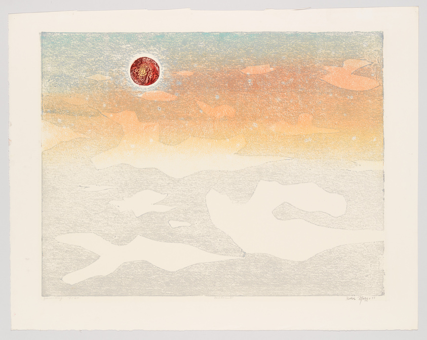 A textured print featuring an abstract landscape with a gradient of warm orange to cool blue tones, and a prominent red circular form resembling the sun or moon in the upper left corner. The lower portion of the image appears to depict a white, stylized representation of a snowy terrain or clouds, with the rest of the composition suggesting a sky at either sunrise or sunset. The artwork is signed and dated in the bottom right corner.