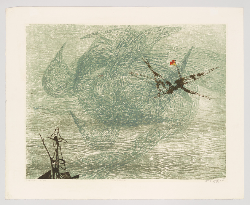 This is an image of an abstract artwork featuring a textured green background with swirling patterns, a small black ship-like figure at the bottom left, and a larger, central dark figure resembling an insect with outstretched limbs and a red detail, possibly a flower, above it. The artwork has a white border with the artist's signature and edition number on the bottom right.