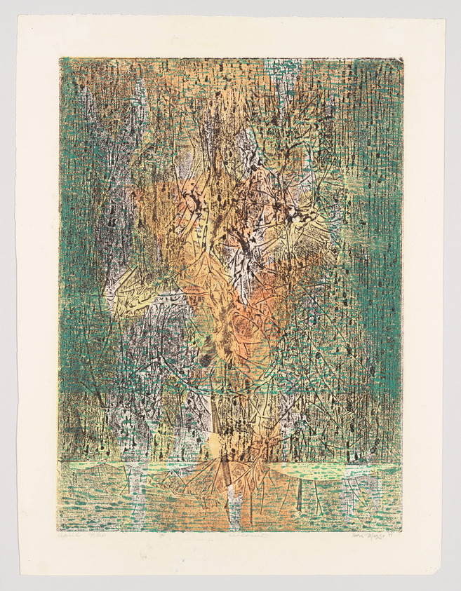 An intricate, abstract etching with a dense overlay of lines and colors, predominantly in green, yellow, and brown hues, suggesting a forest or tree-like forms. The artwork is on white paper with visible plate marks and signed in pencil at the bottom.