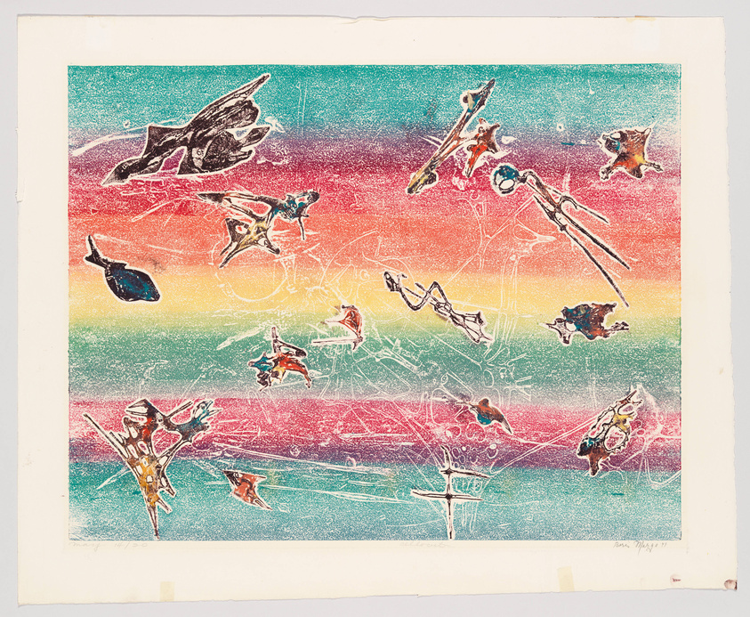 A colorful abstract artwork featuring a variety of shapes and figures that resemble birds and other forms, set against a rainbow gradient background. The image has a textured appearance, suggesting a printmaking technique, and is bordered by a white margin.