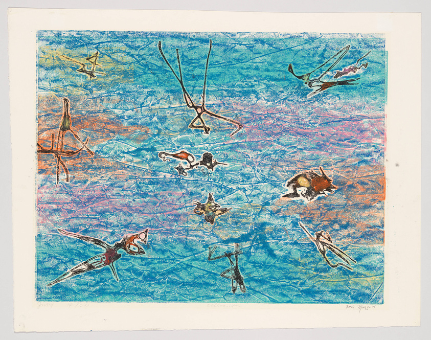 A colorful abstract print featuring a textured blue background with overlaying images of various insects, possibly grasshoppers or crickets, in different poses and colors. Some insects are depicted in mid-jump, while others are at rest, with the artwork conveying a sense of dynamic movement. The print has a white border and is signed by the artist in the bottom right corner.
