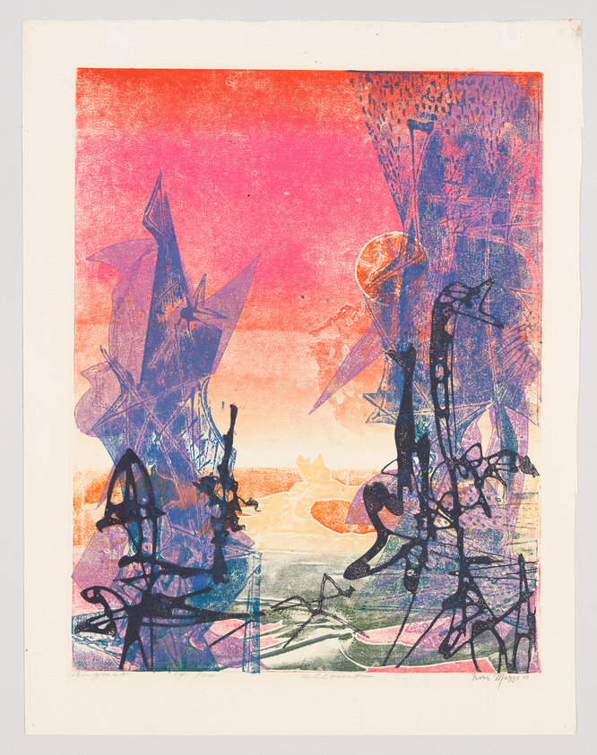 A vibrant abstract print featuring a blend of warm and cool colors, with red and orange hues dominating the upper half, transitioning to blues and purples at the bottom. The composition includes overlapping shapes and lines that suggest a chaotic, yet harmonious, landscape or seascape. There are scribble-like black lines throughout, adding a sense of movement or energy. The artwork is signed and dated at the bottom.