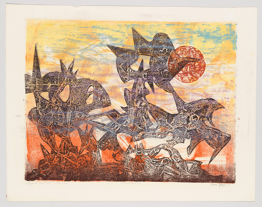 A vibrant abstract print featuring a chaotic assembly of shapes and patterns that resemble mechanical or fantastical creatures set against a warm, yellow and orange sky-like background. The print has a textured appearance with a mix of dark and light colors, and there's a prominent circular motif that could be interpreted as a sun or moon on the right side. The artwork is signed and dated at the bottom right.